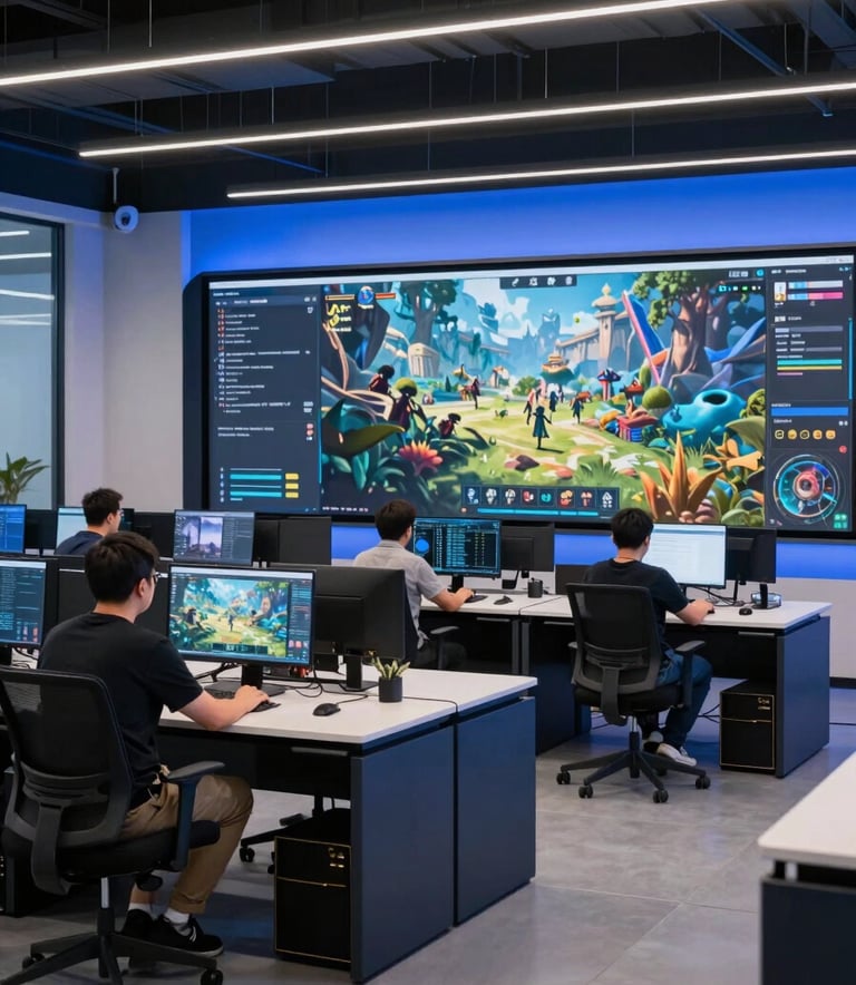 A wide shot of a visionary game development workspace in a North American tech hub. The setting features sleek dark navy furniture and bright blue accent lighting. Developers are collaborating around a large digital display showing an immersive fantasy world.