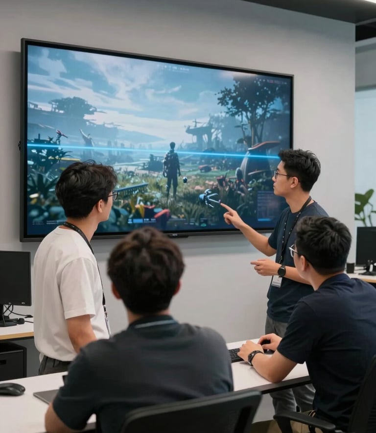 Professional North American developers collaborating in a visionary studio, looking at a large wall-mounted screen showing a cinematic game scene with horizon blue highlights. Elegant, cutting-edge atmosphere.