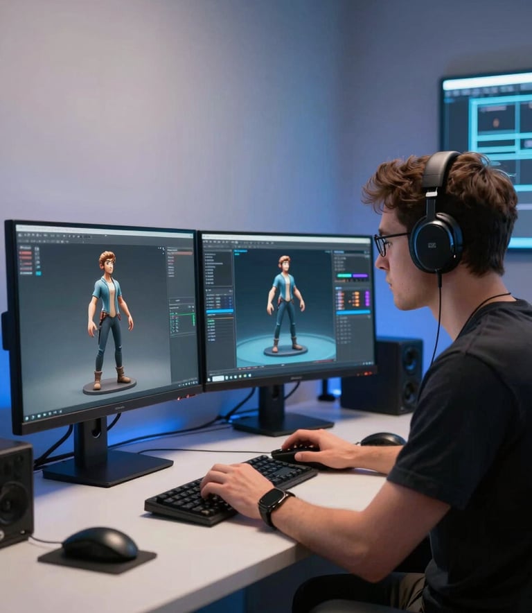 A high-end game development studio in the North American region. A professional artist is working on a high-resolution 3D character model on dual monitors. The room is bathed in sophisticated midnight blue and off-white lighting, creating a focused and cutting-edge atmosphere.