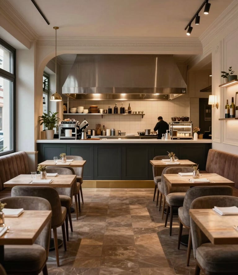 A wide-angle interior photograph of a premium, modern bistro in Prague. The space features elegant furniture, clean lines, and professional kitchen equipment visible through an open counter. The lighting is sophisticated and warm. Central European / Czech atmosphere.