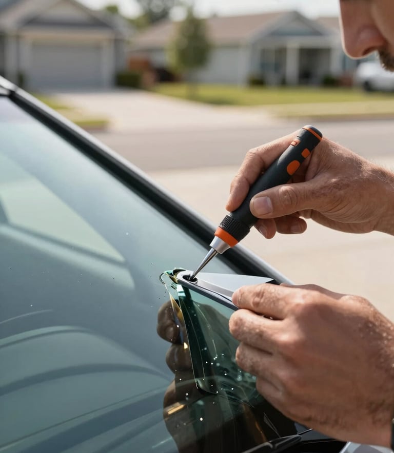 A close-up photograph of a professional mobile glass technician's hands carefully applying resin to a small chip in a car windshield. The setting is a clean suburban North American driveway during a bright morning. The focus is sharp on the repair tool, with a blurred background showing a modern residential street.