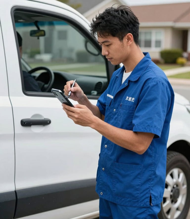 A professional mobile glass technician in a clean uniform standing next to a white service vehicle in a North American suburban setting. The scene is bright and professional, with a palette of bright blue and slate blue.