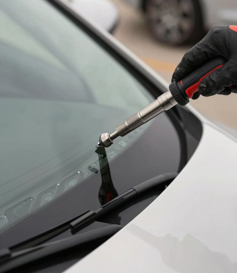 Close-up of a precision windshield repair tool in action on a luxury car, showing the clarity of the glass and the professional detail of the work. North American environment, high-contrast lighting, off-white and charcoal tones.