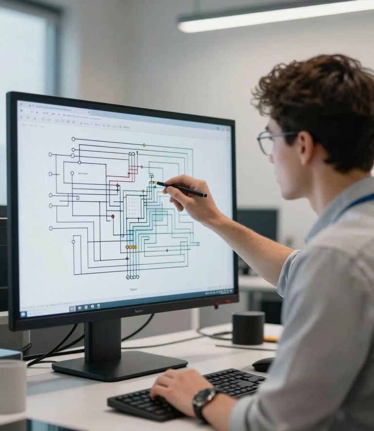 A professional electrical engineer in a clean modern office environment reviewing a complex technical circuit diagram on a large display, soft off-white lighting with muted blue accents.