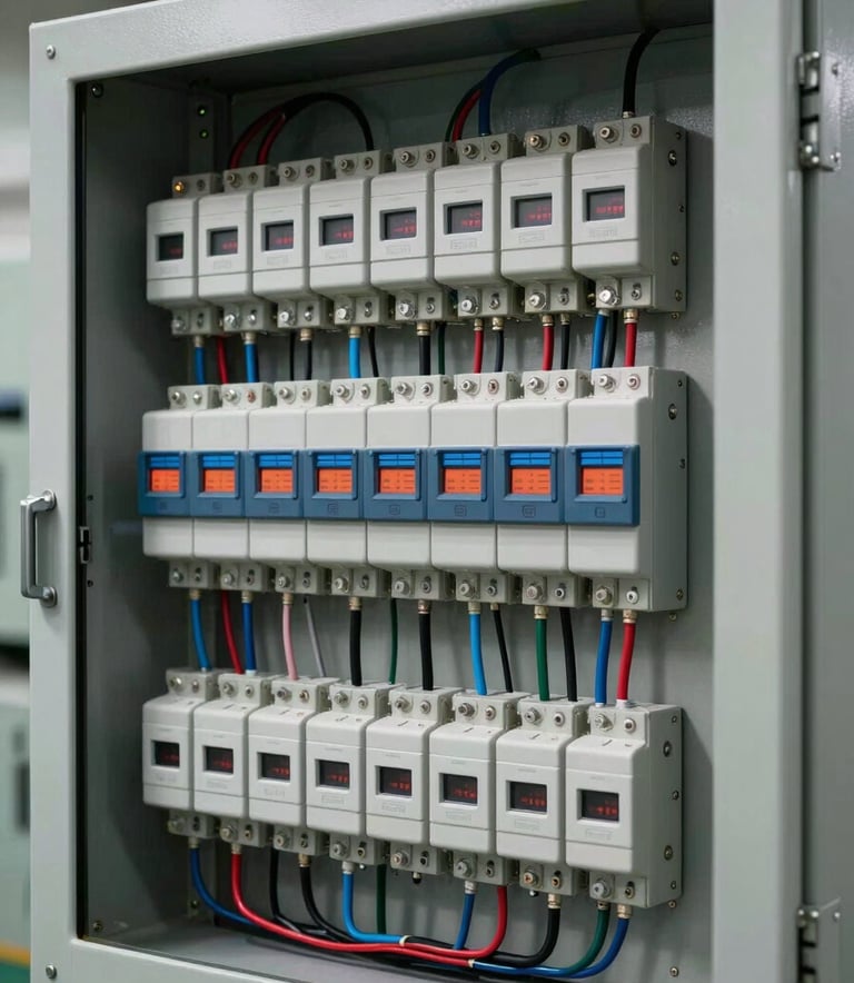 A high-precision view of a modern industrial electrical control panel with organized wiring and digital components, accented with muted blue and off-white tones, studio lighting for clarity.