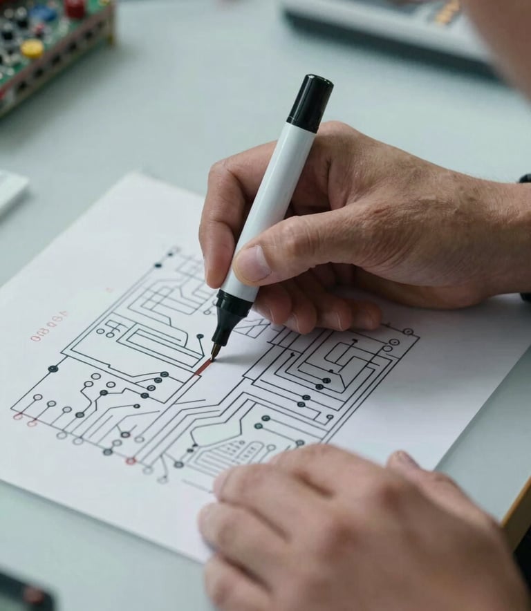 A focused close-up of an electrical engineer's hands holding a highlighter over a complex circuit schematic. The setting is a professional workspace with a pale cloud gray desk and subtle muted sky blue shadows.
