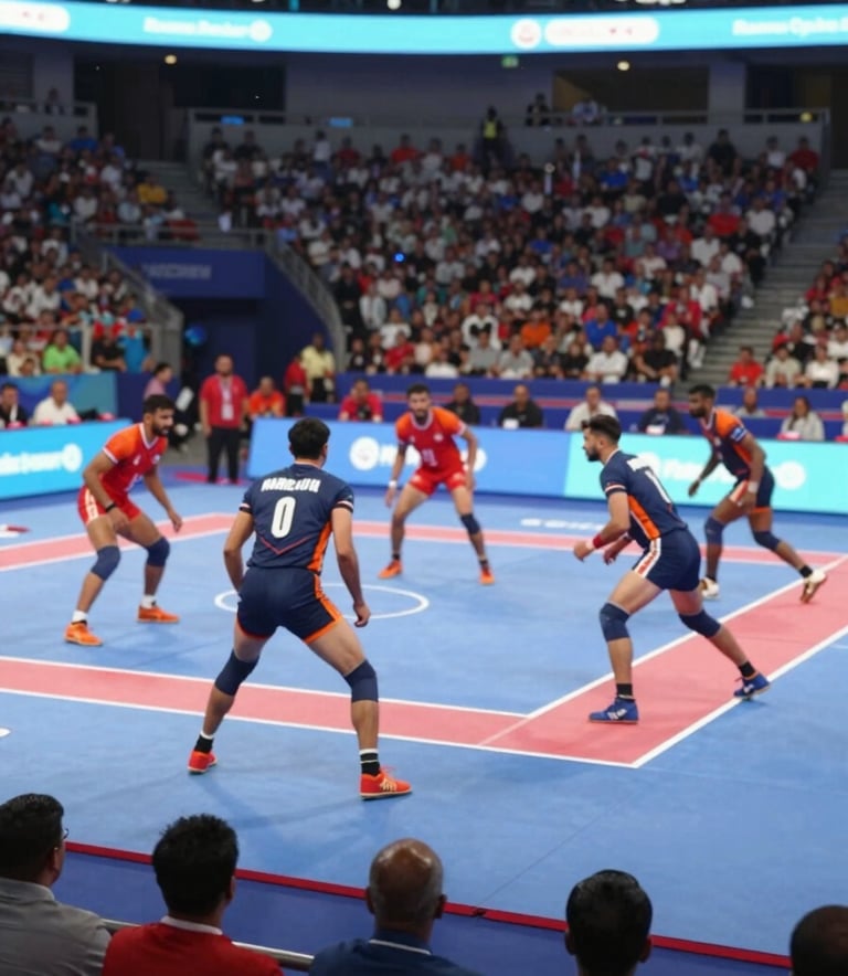 A dynamic wide-angle shot of a Kabaddi match in a brightly lit stadium in Brampton, Ontario. The image captures the energetic crowd and players in action, featuring the brand's deep blue and orange-red colors in the team uniforms. Professional sports photography style.