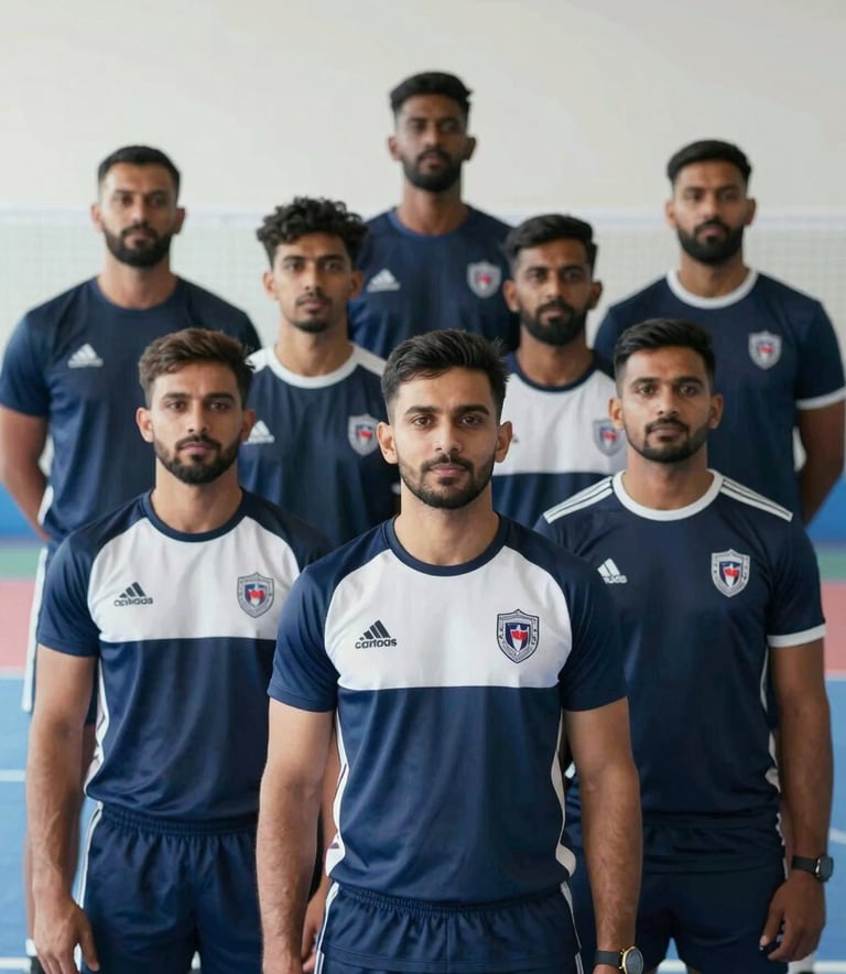A professional group portrait of the Elite Kabaddi Federation leadership team in Brampton. They are wearing modern navy blue and white sports apparel with federation logos. The background is a clean, bright sports facility with natural light, reflecting a professional and authoritative atmosphere. Contemporary Canadian sports photography style.