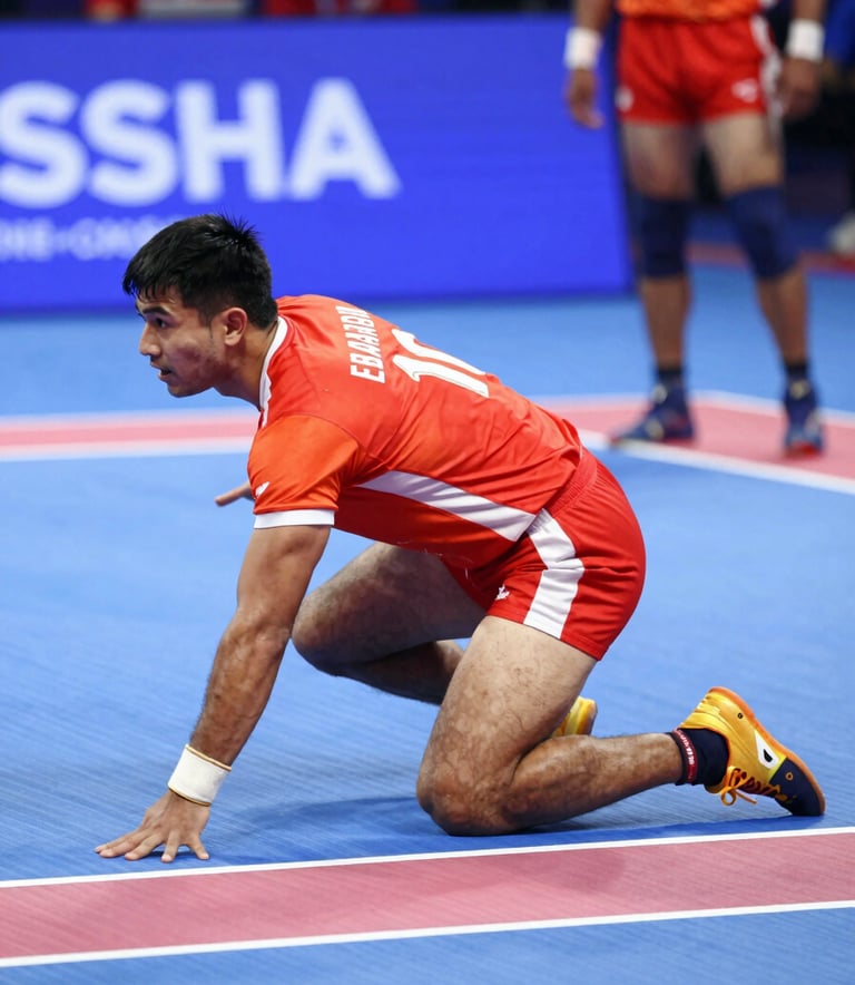 A high-action, dynamic shot of a Kabaddi raider lunging for the touchline in an indoor arena in Brampton. The player is wearing a vibrant orange-red jersey (#E8420A) contrasting against the blue court. Motion blur emphasizes speed. Crisp, energetic lighting, modern Canadian sports aesthetics.