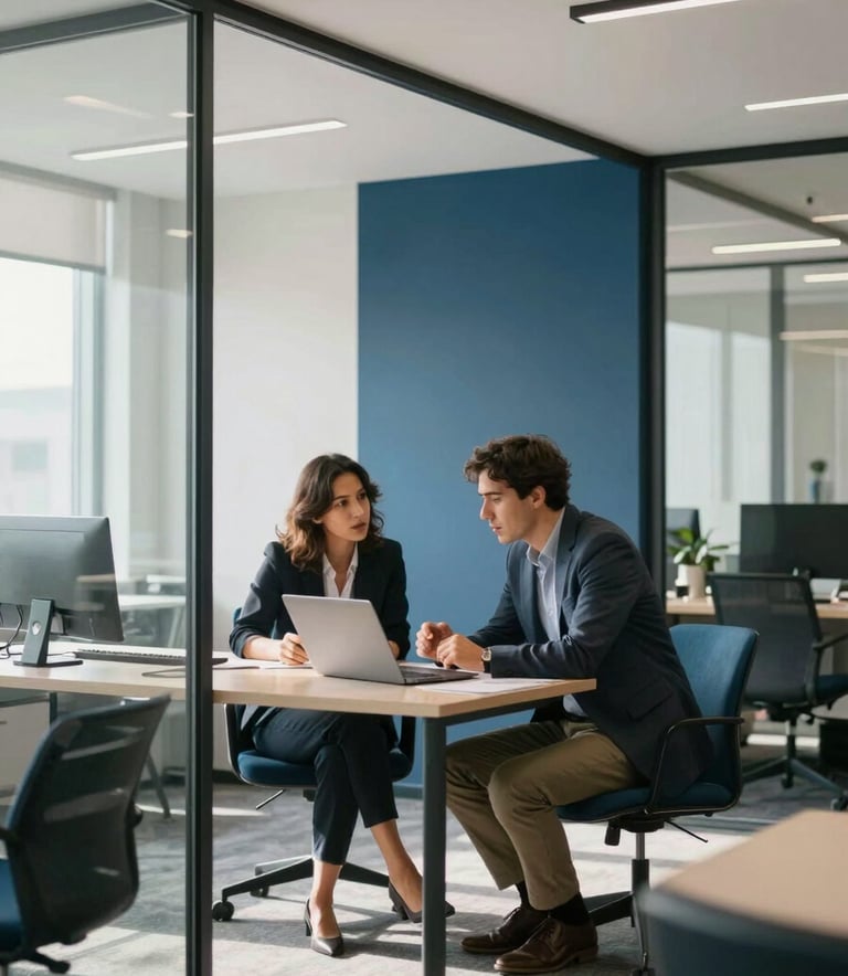 A bright, modern North American office interior with glass partitions. Two professionals in business casual attire are engaged in a strategic discussion over a laptop. The space is filled with soft natural light and features subtle navy blue and sky blue accents in the decor.