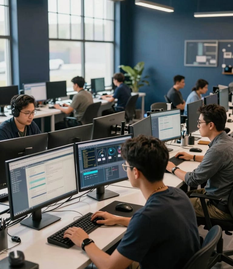 A wide-angle photography shot of a collaborative North American workspace. Tech professionals are working on high-resolution monitors in a space with industrial design elements, dark blue wall accents, and natural light streaming through large windows.