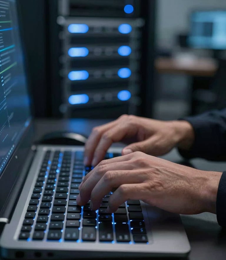 Close-up photography of a professional workstation in a North American tech hub. Hands are typing on a high-end backlit keyboard, while the background shows a blurred server rack with glowing soft blue lights, exuding a sense of efficiency.