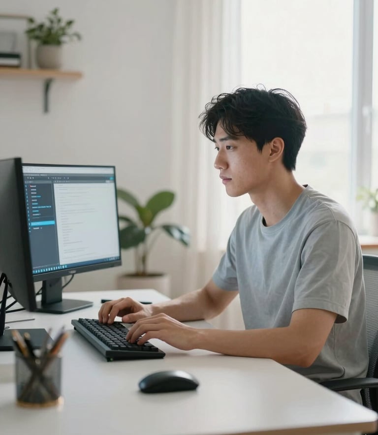 A focused software developer working in a bright, modern North American home office. The composition is a medium shot with soft morning light, showing high-end tech peripherals and a clean aesthetic with light gray and blue accents.