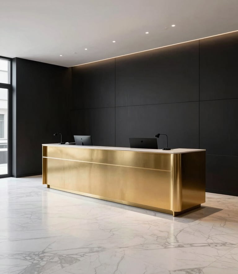 A wide-angle professional photograph of a luxury office reception in a German city. The interior features deep black walls, elegant gold furniture accents, and white marble floors. The mood is professional and minimalist.