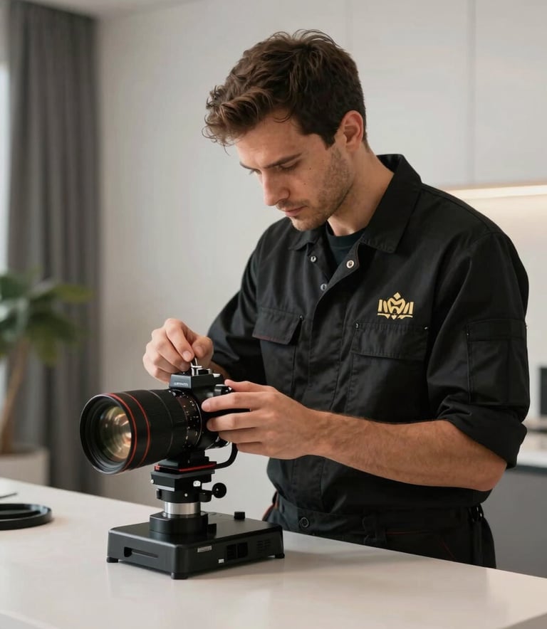 Professional high-end photography of a technician in clean, deep black workwear with a subtle gold emblem, performing a quality check in a luxury German apartment. The setting is minimalist with sophisticated lighting and sharp focus on craftsmanship.