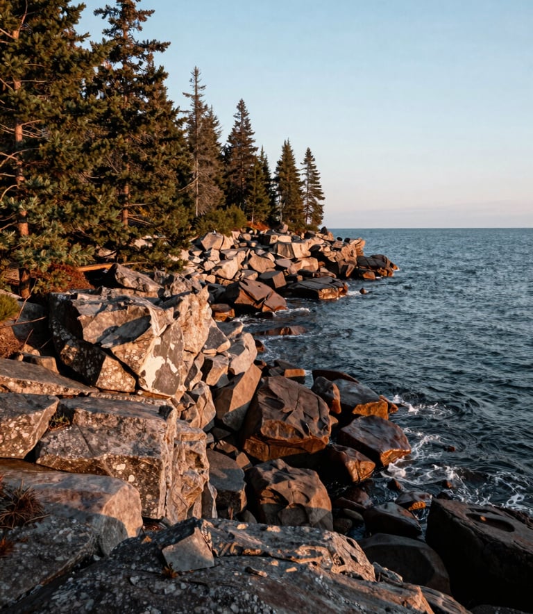 A wide-angle landscape photograph of the rugged Upper Peninsula coastline along Lake Superior. Jagged rocks and evergreen trees under a crisp morning sky, North American Great Lakes region, high-resolution and authentic feel.