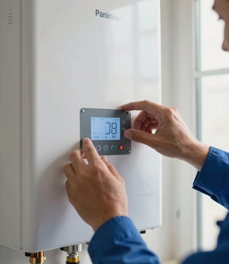 Close-up of a technician's hands adjusting the settings on a digital control panel of a modern white gas boiler, soft daylight, professional blue uniform, Spanish interior.