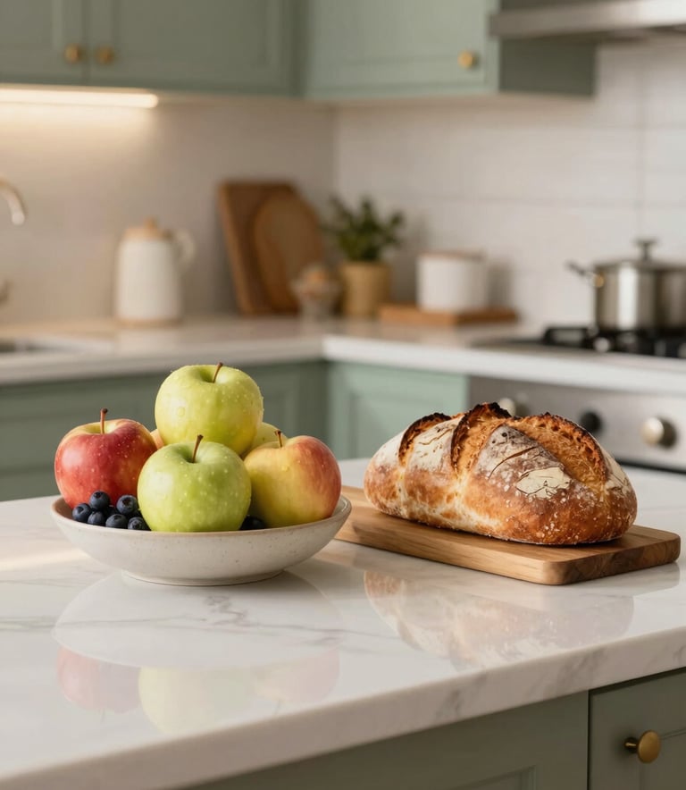 A close-up, high-quality photograph of a neatly organized kitchen counter in a modern North American / US home. Fresh fruits like apples and berries sit in a bowl next to a loaf of artisanal bread. The lighting is bright and airy, reflecting a clean, modern aesthetic with hints of Sage Green and Warm Cream in the background decor.