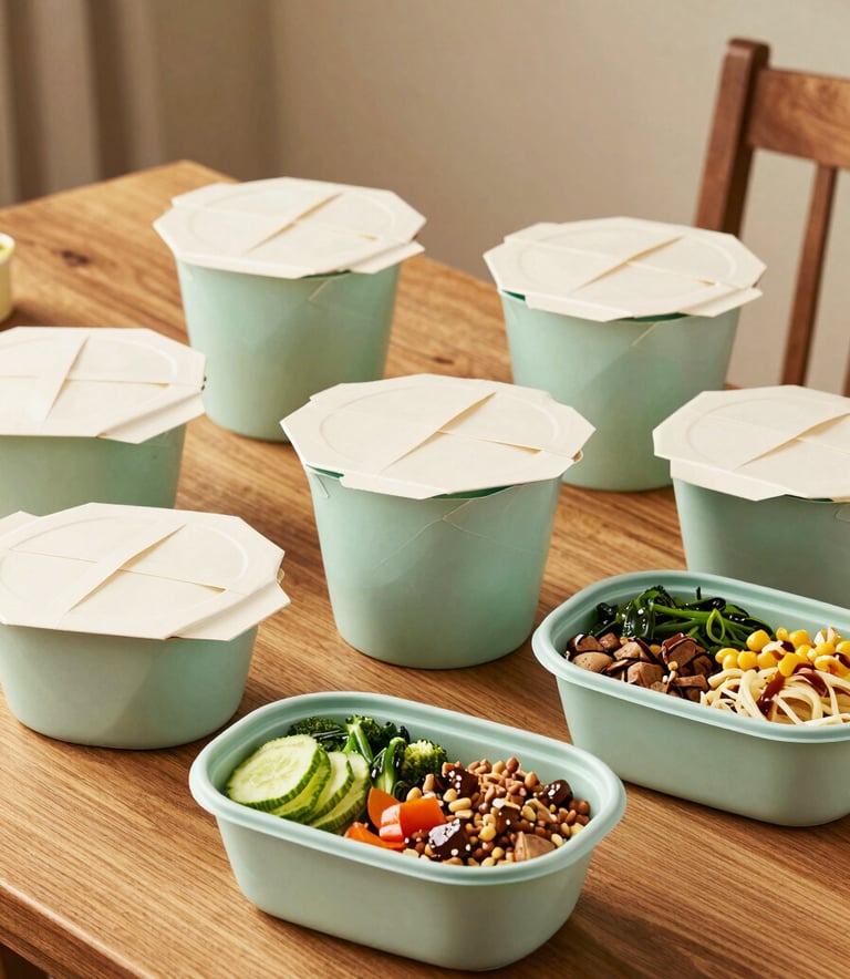 A delicious spread of hot takeout containers and fresh meals from a local restaurant on a wooden dining table in a cozy North American / US home environment, warm lighting, Pale Mint Green and Creamy White accents.