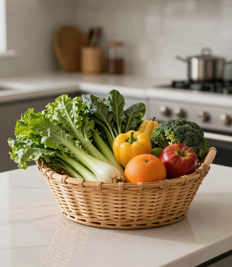 A close-up shot of a basket filled with fresh, vibrant green vegetables and colorful fruits on a Creamy White kitchen counter in a modern North American / US residence.