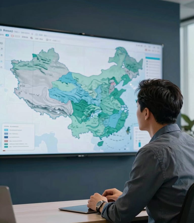 A professional strategist in business casual attire working in a modern North American office, looking at a large wall-mounted screen displaying a geographic map with shaded regions. The room has soft lighting and accents of dark blue and teal.