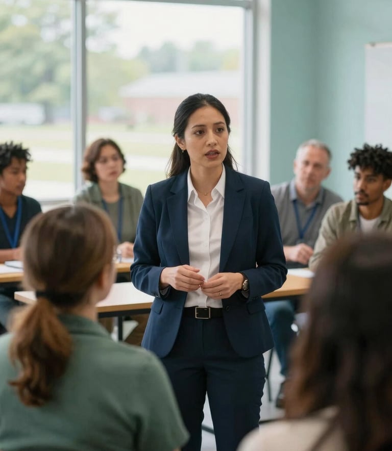 A focused candidate in professional attire engaging in conversation with a diverse group of constituents at a local North American community center, natural window light, teal and navy blue color palette.