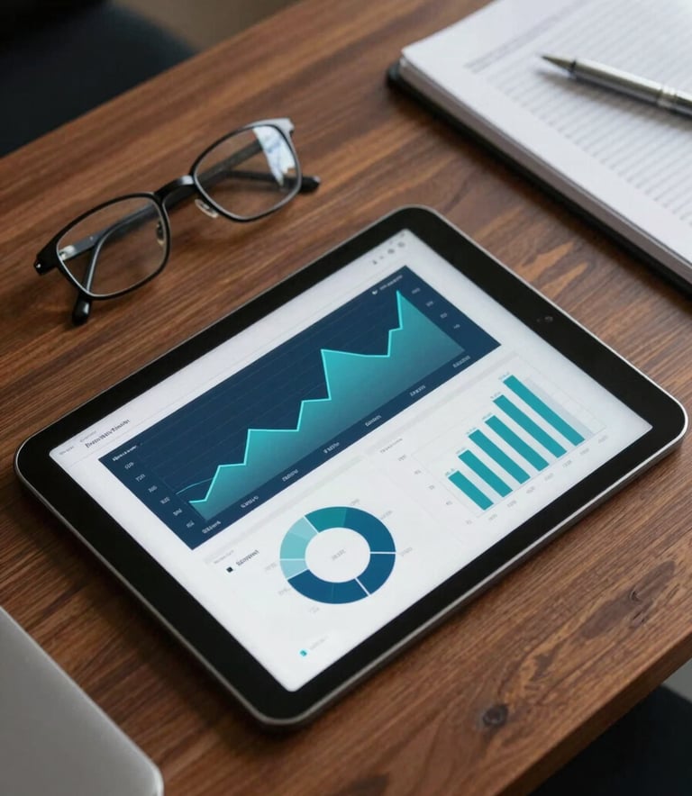 A top-down photograph of a high-end tablet on a mahogany desk in a North American corporate office, showing professional data charts in dark blue and teal. A pair of reading glasses sits nearby.