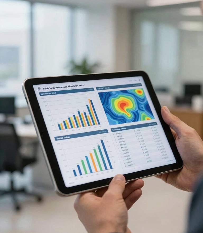 A close-up shot of a professional hand holding a tablet displaying analytical charts and voter heatmaps in a bright North American municipal office, soft focused architectural background.