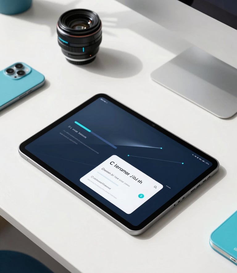 A high-angle photography shot of a minimalist, modern desk in a sunlit international workspace featuring a tablet displaying a sleek interface, surrounded by slate blue and cyan desk accessories, professional and clean.