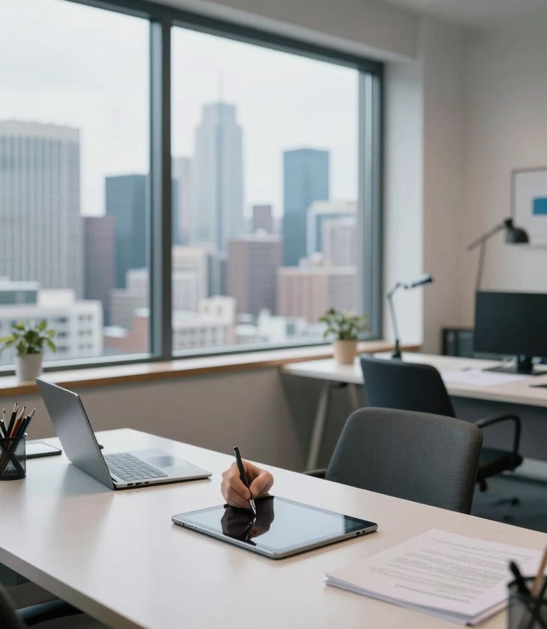 A wide-angle photo of a creative workspace with a large window showing a city skyline. A designer uses a tablet in a room decorated with blue-grey and off-white tones. International / Global professional setting.