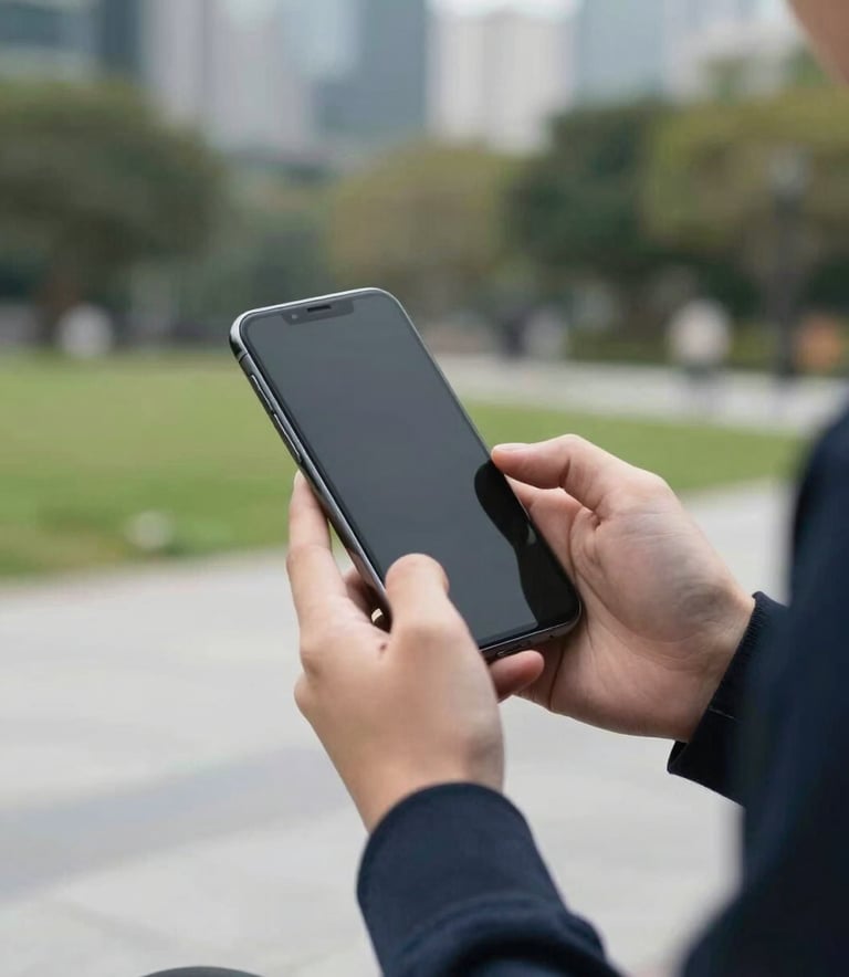 A candid photography shot of a person using a mobile phone in a modern urban park setting, international atmosphere, soft daylight highlighting the device, conveying a sense of engagement and ease.