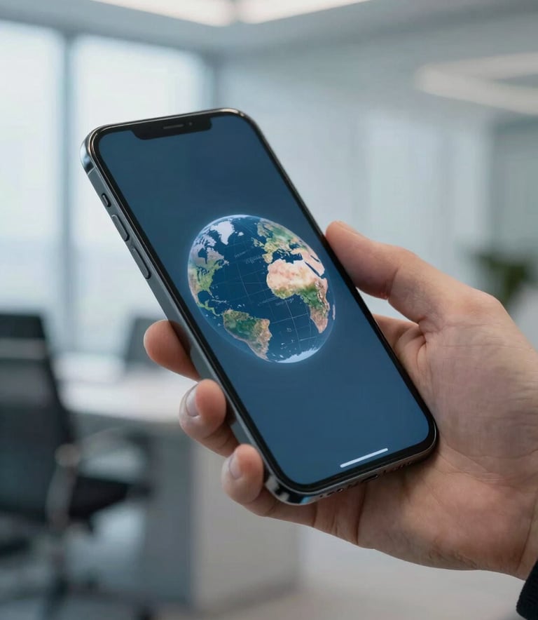 A close-up photograph of a person's hand using a high-resolution smartphone in a bright, modern office with blue-grey accents. The lighting is soft and professional, capturing a sleek International / Global atmosphere.