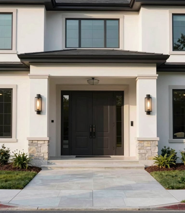 A wide shot of a luxury North American US residential home exterior featuring a grand modern entryway door, soft daylight, clean lines.