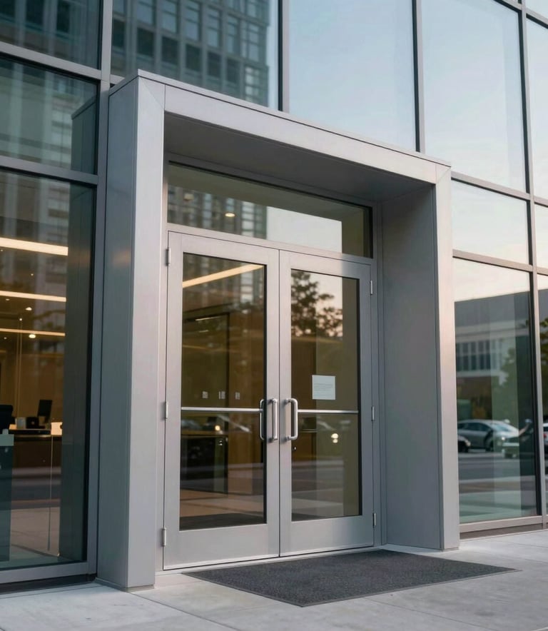 A sleek commercial glass entrance door on a modern North American US office building during a clear afternoon, exhibiting professional architectural design.