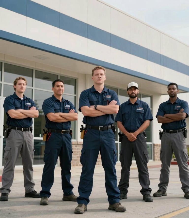 A team of professional door technicians standing outside a large modern commercial building, confident posture, North American / US setting.