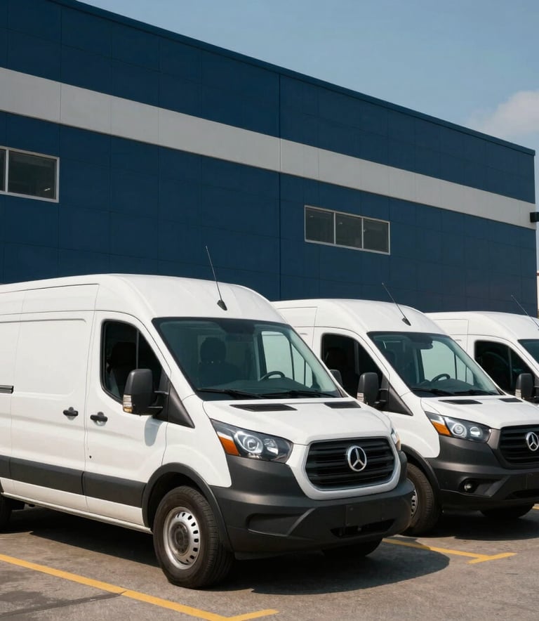 A fleet of professional service vans parked outside a large corporate facility, sunny daytime lighting, North American / US setting, Dark Blue and Off White tones.