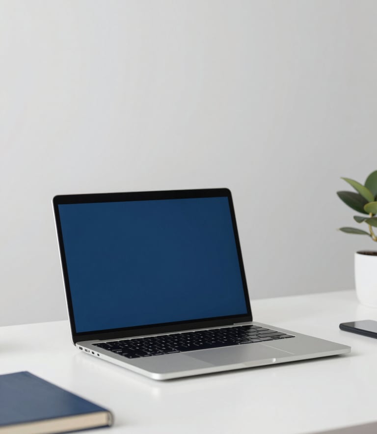 A clean, modern home office desk featuring a laptop and a notebook. The composition is minimalist with plenty of negative space. The lighting is natural and bright. The scene incorporates brand tones of cadet blue (#5F9EA0) and white (#F5F8F8).