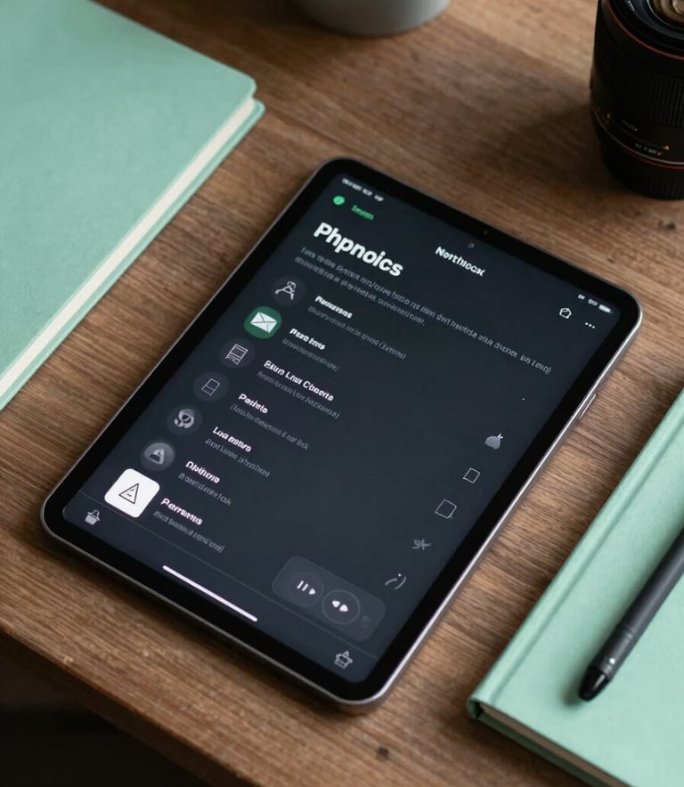 A top-down view of a designer's desk in a North American studio featuring a tablet with a sleek mobile interface layout, a stylus, and a notebook, with accents of Jade Green and Mint Green.