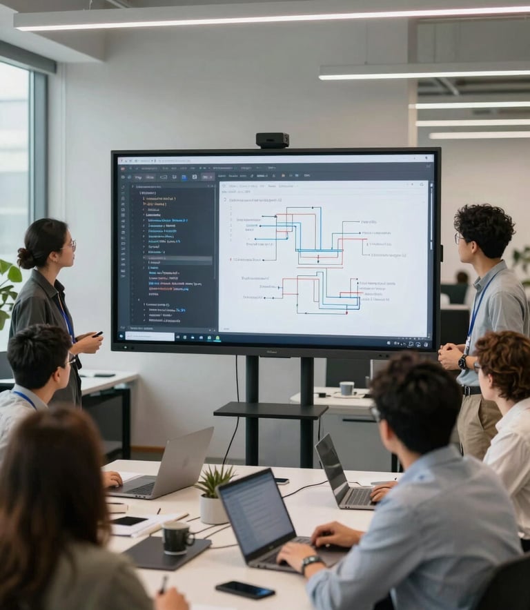 A diverse group of app developers in a North American tech hub workspace collaborating around a large screen showing clean code and architectural diagrams, bright and professional atmosphere.