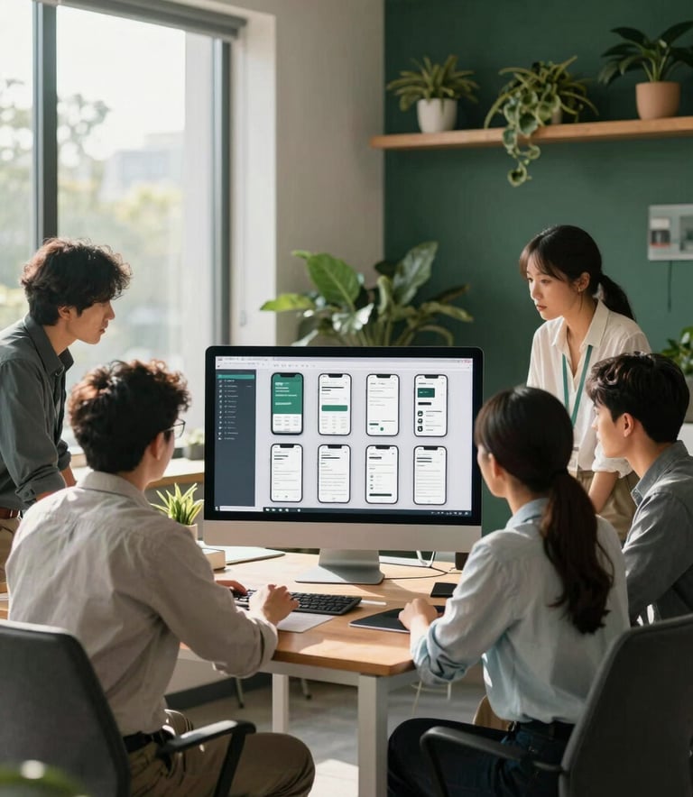 A modern, sunlit North American office interior where a professional team is collaborating around a large monitor showing mobile app wireframes. Soft morning light, professional attire, clean aesthetic with deep forest green and mint grove decorative elements.