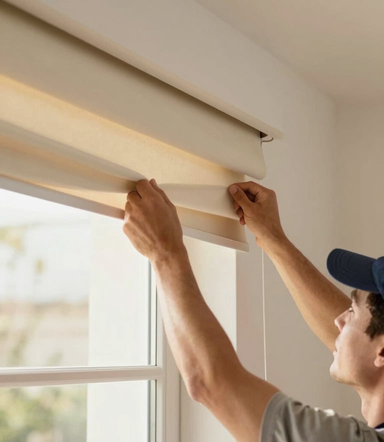 A close-up of a professional installer's hands precisely mounting a high-end motorized shade in a modern living room. The lighting is warm and natural, highlighting the clean lines of the window. The palette features soft creams (#F9F7F3) and warm wood tones (#7A5B44).