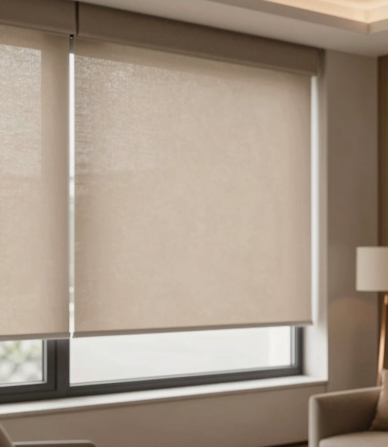 Sophisticated modern living room showcasing sleek motorized shades in a warm taupe fabric. The lighting is soft and airy, emphasizing the clean lines of the window treatments against a cream wall. Elegant Lora font vibes with subtle bronze accents in the decor.