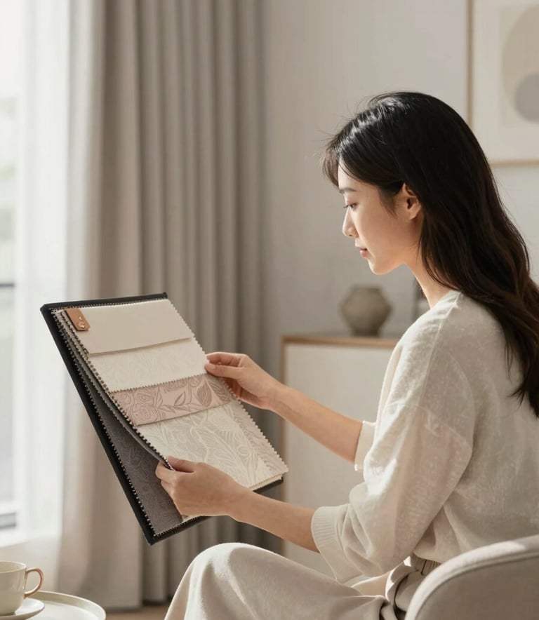 A sophisticated interior designer sitting with a homeowner in a sun-drenched room, looking at elegant fabric swatches for drapes. The atmosphere is inviting and high-end, featuring neutral colors #F9F7F3 and #DEDBD6 with subtle bronze accents.