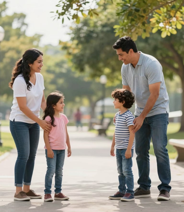 A medium shot of a happy North American / Hispanic family playing together in a sun-drenched public park, symbolizing security and a bright future, with soft natural lighting and a clean, modern photographic style.