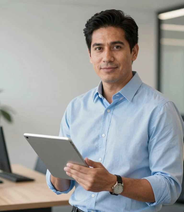 A professional North American / Hispanic financial advisor in a modern, clean office setting, holding a digital tablet and looking kindly at the camera, wearing light blue professional attire, creating a trustworthy and secure atmosphere.