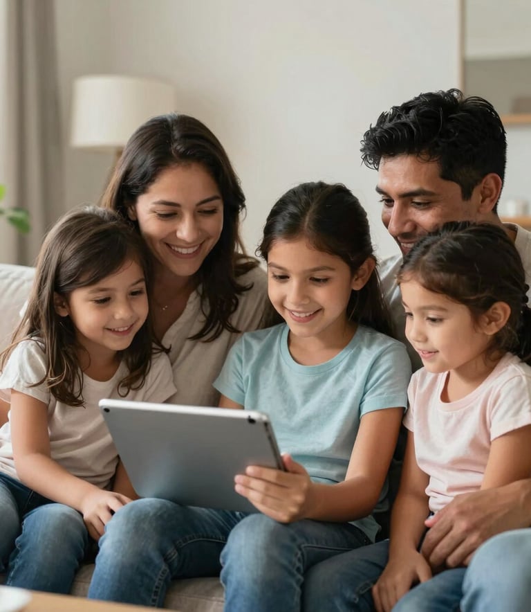 A North American / Hispanic family sitting in a sunlit, modern living room, looking at a tablet together and smiling, warm natural lighting, professional photography, beige and light blue accents in the background.