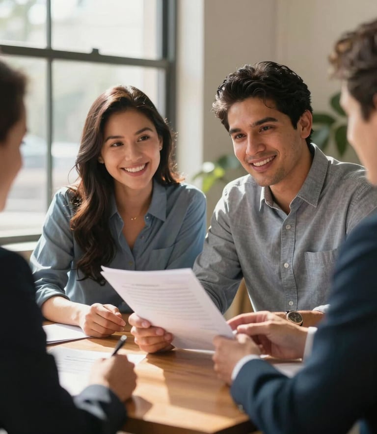 A professional and warm photograph of a North American / Hispanic couple sitting at a wooden table with a financial advisor, looking at documents with a hopeful expression, warm morning light streaming through a window.