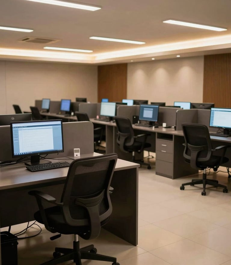 A wide photograph of a clean, organized tele-service operation center in Brazil. Ergonomic chairs, sleek dark desks, and a professional, quiet atmosphere. Soft gold lighting accents the modern architecture.