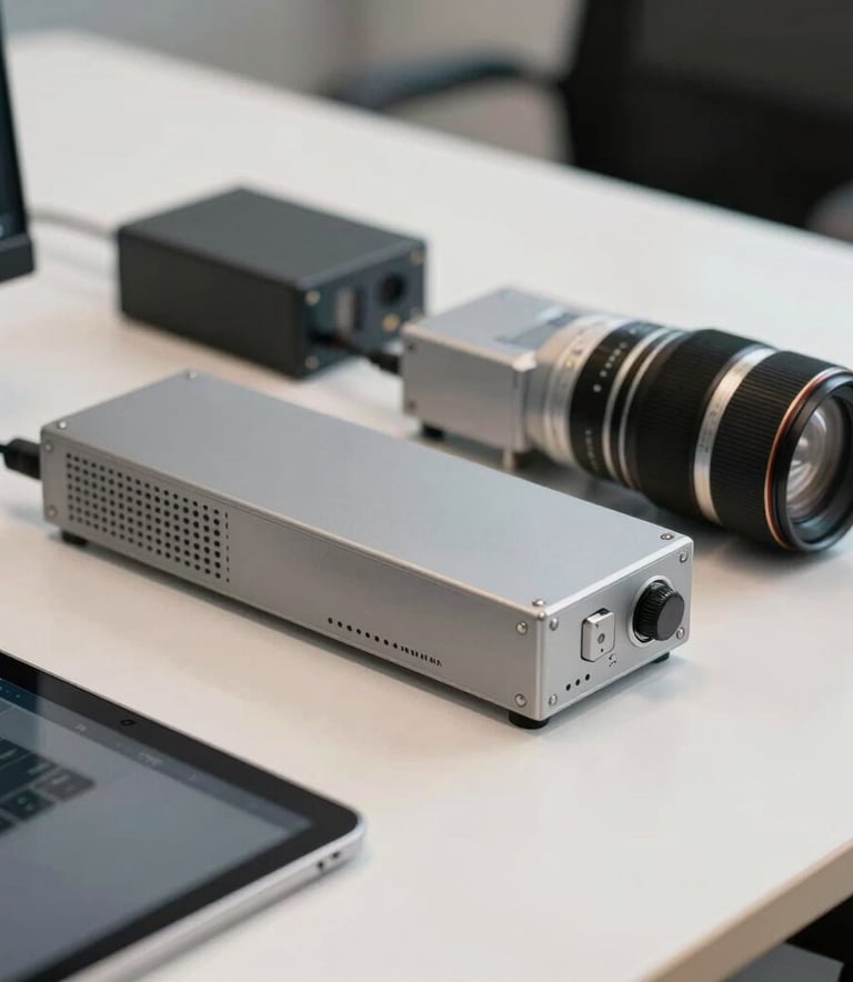A close-up shot of high-tech communication equipment and a digital tablet on a clean desk in a Brazilian tech hub office. Steel grey and off-white tones dominate the scene, reflecting efficiency and precision.