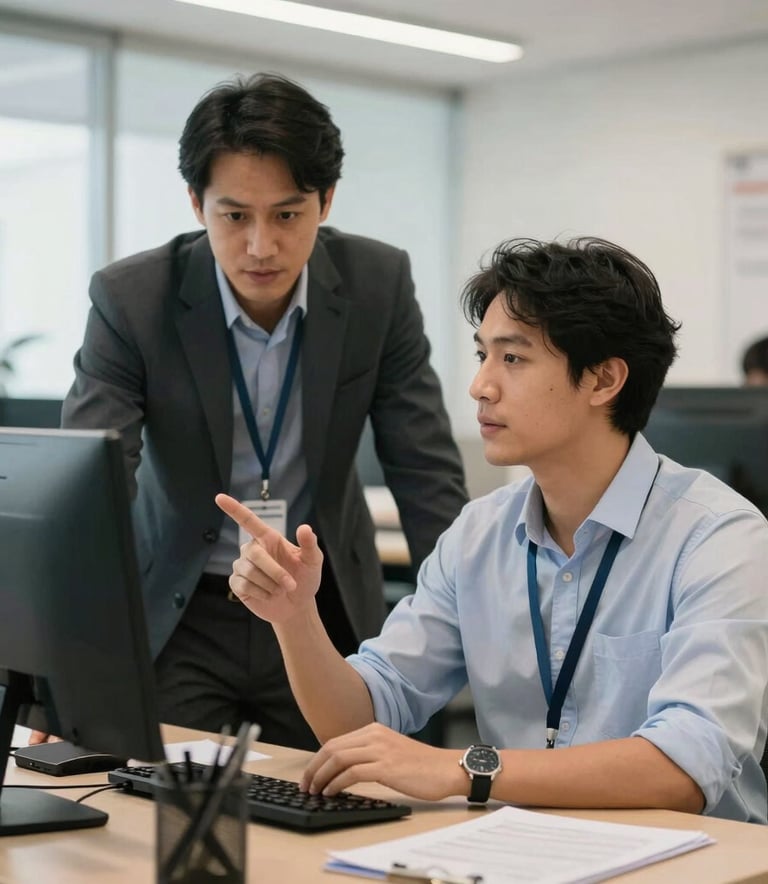A professional Brazilian office environment where a manager is providing guidance to an operator. The lighting is bright and welcoming, focusing on effective communication and trust in a modern corporate setting.